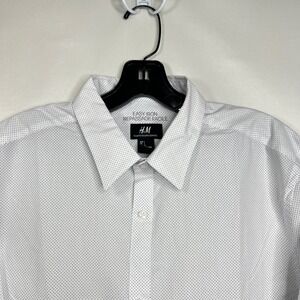 H&M White Polka Dot Button Down Shirt Mens Large Slim Fit Easy Iron Long Sleeve